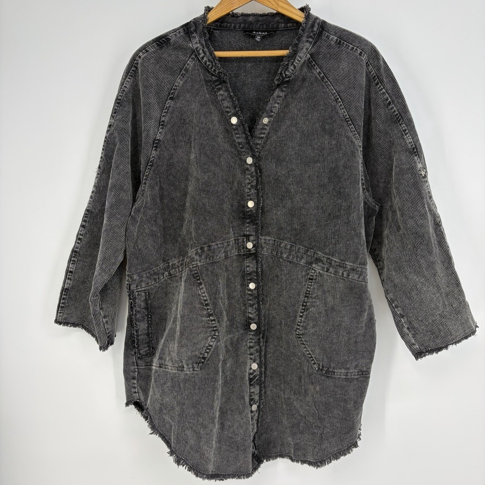 Aakaa Oversized Dress M‎ Gray Ribbed Roll Tab Pockets Raw Hem Rustic Lagenlook